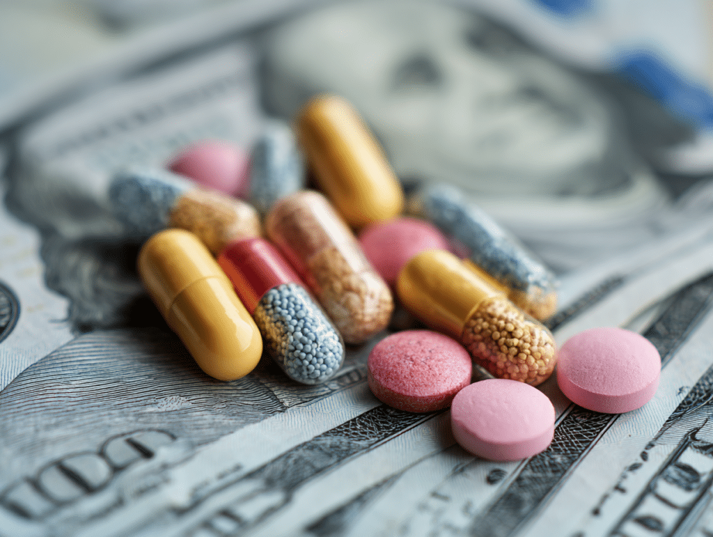 Pills on money background