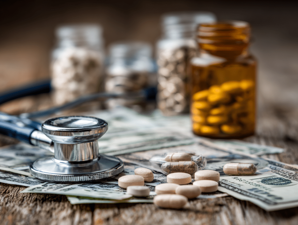 Stethoscope, money, and medication bottles