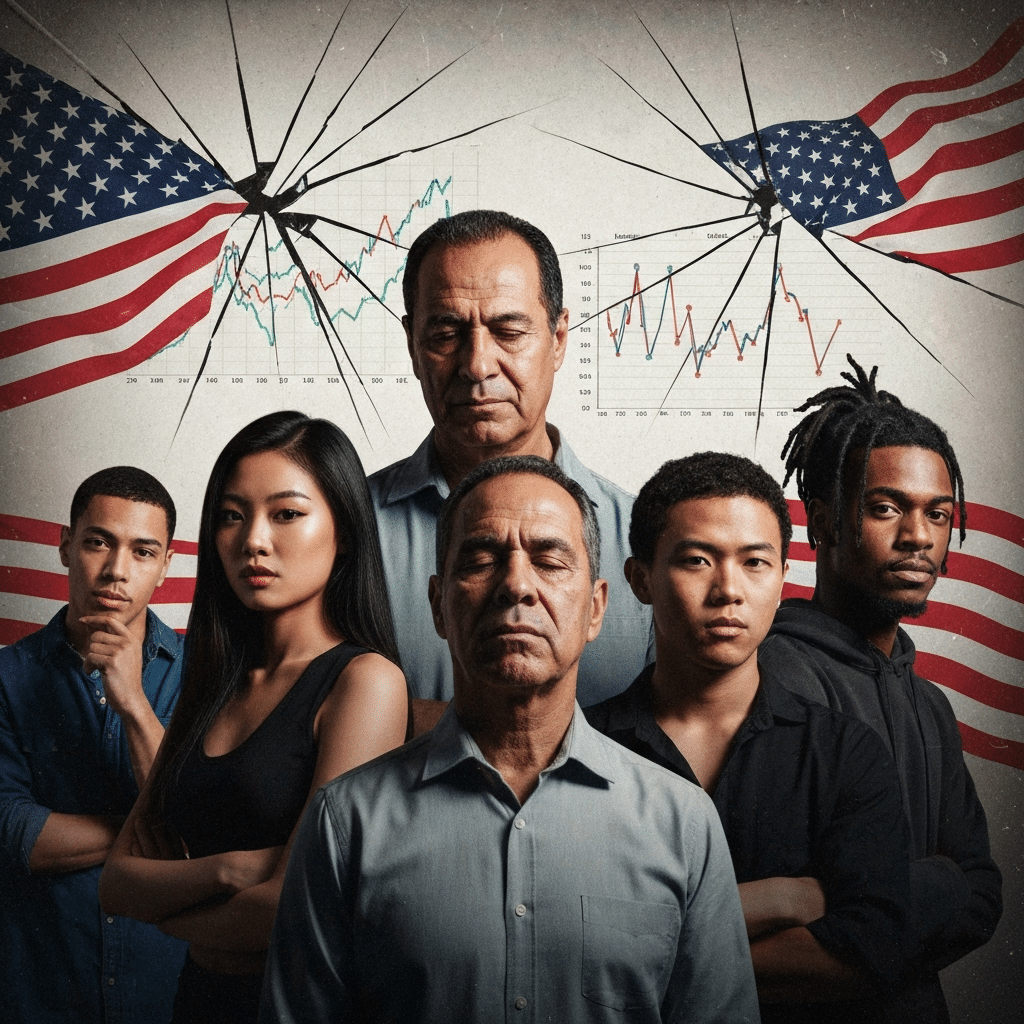 Capture a high-quality image of splintering economic graphs, American flag elements, and diverse individuals representing generational conflict and inequality. The composition should be bold, impactful, and politically charged, appealing to modern, edgy aesthetics. No text or overlays.