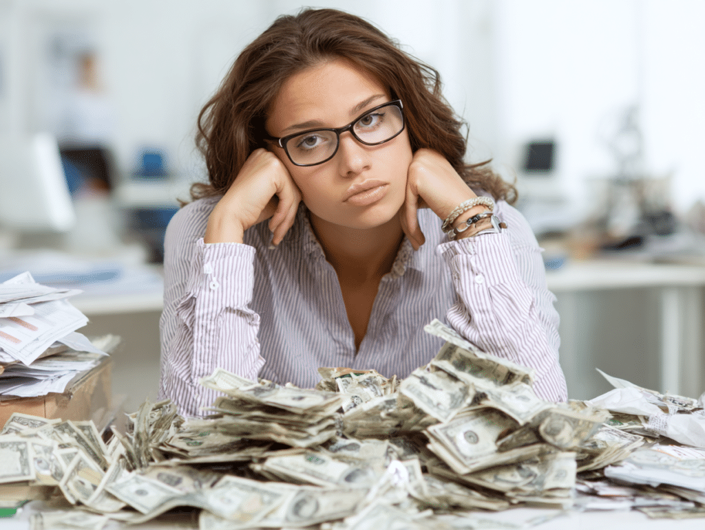 Person surrounded by cash and paperwork.