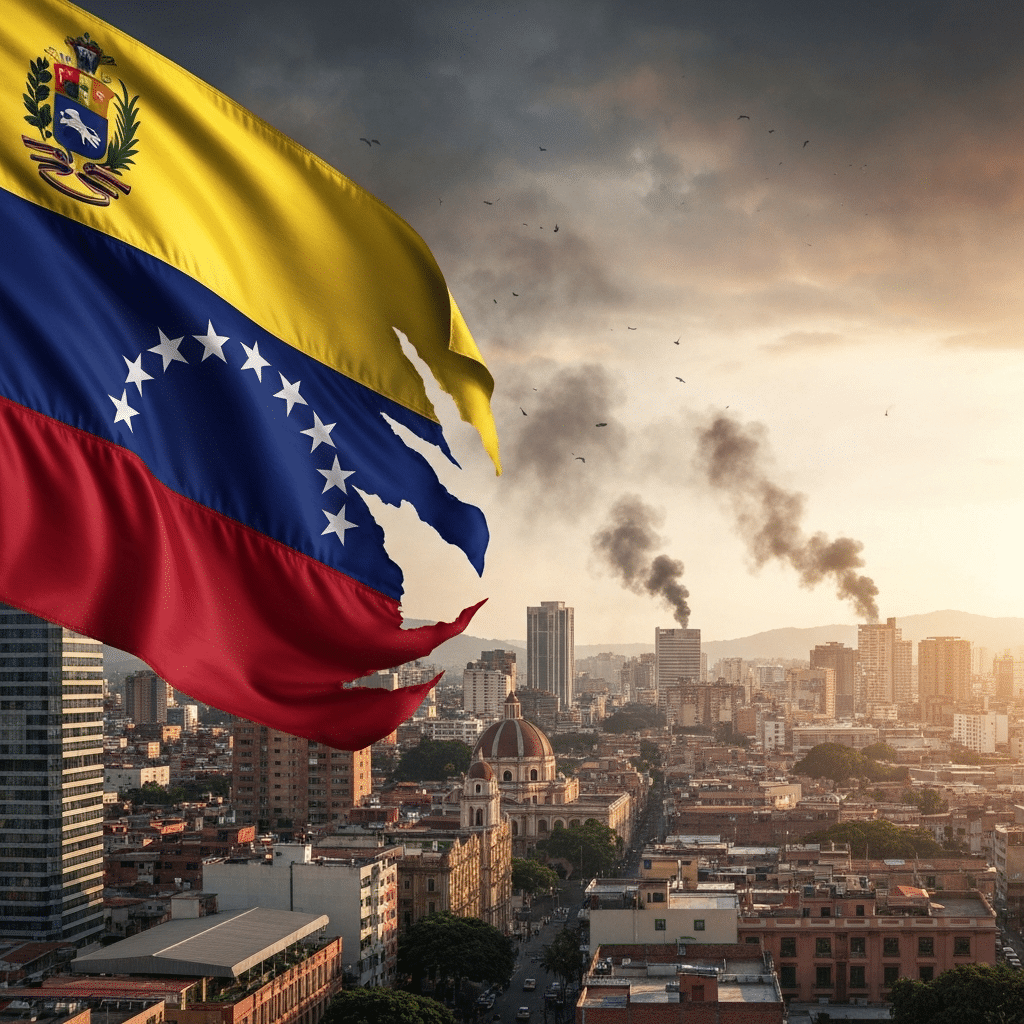 Capture a high-quality image of the Venezuelan flag partially unfurled and torn, with subtle smoke plumes rising in the background over a cityscape resembling Caracas, emphasizing chaos and conflict.