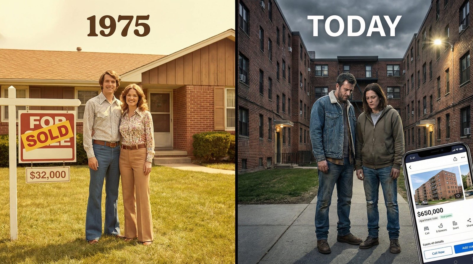 Split comparison of 1975 couple buying home for 32000 versus today couple priced out of 650000 home