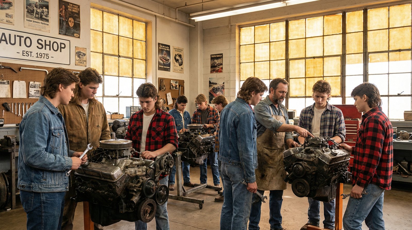 American high school auto shop class 1983 students learning vocational trade skills before defunding