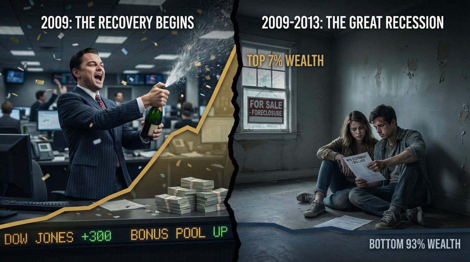 2008 recovery split screen Wall Street gains versus Millennial family wealth losses foreclosure