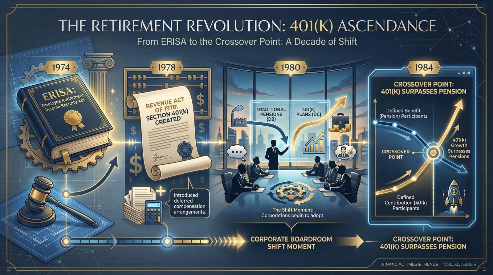 Timeline of pension elimination and 401k rise from 1974 ERISA to 1984