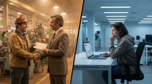 Split screen showing boomer receiving pension check versus millennial with tiny 401k balance