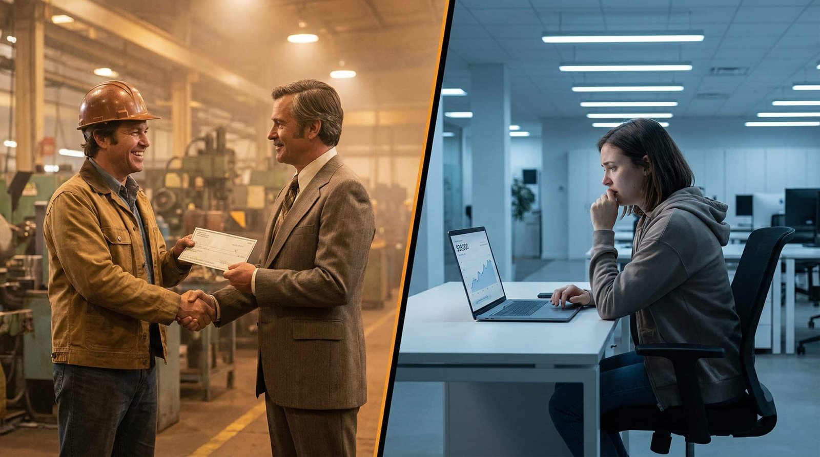 Split screen showing boomer receiving pension check versus millennial with tiny 401k balance