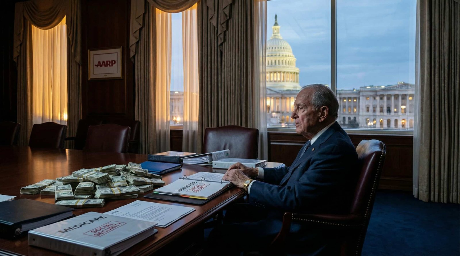 AARP lobbyist at Capitol Hill boardroom surrounded by Medicare and Social Security cash
