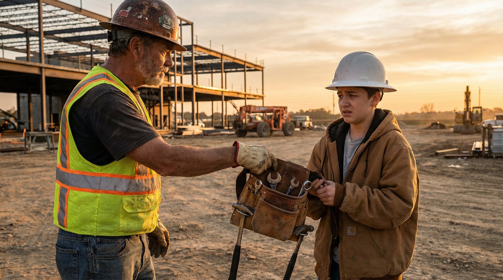 Aging skilled trades worker retiring hands tools to young apprentice representing generational workforce crisis in America