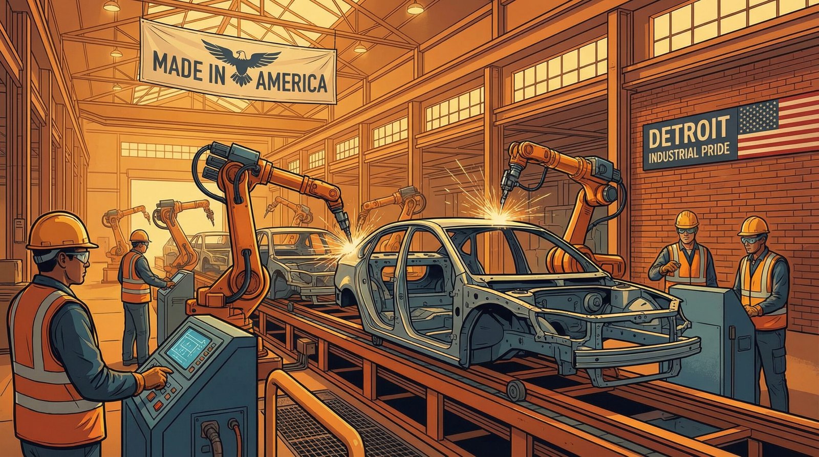 American auto factory robotic arms welding alongside workers Made in America
