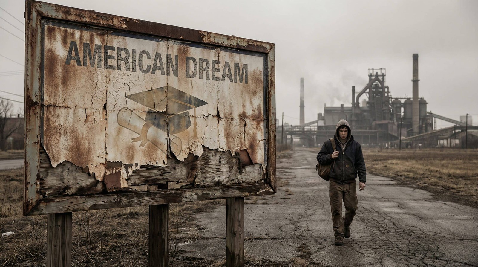 Cracked American Dream billboard with faded college diploma symbolizing broken promise for working-class men