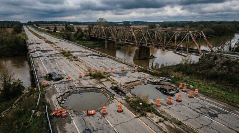 American highway with potholes and deteriorating bridge showing infrastructure crisis
