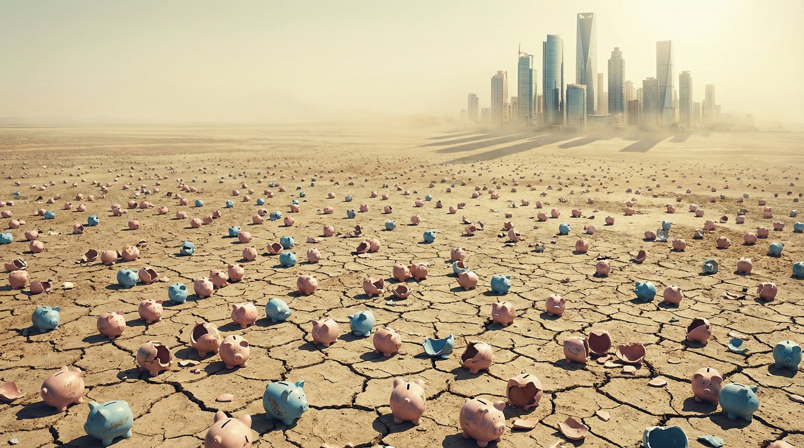 Vast American retirement savings wasteland with broken piggy banks and distant pension towers