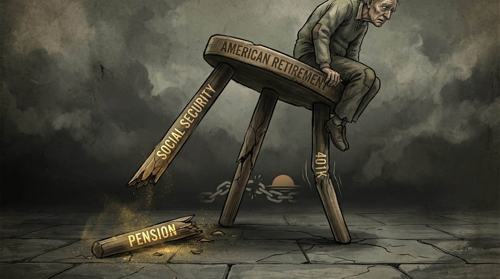 Crumbling three-legged American retirement stool with broken pension leg
