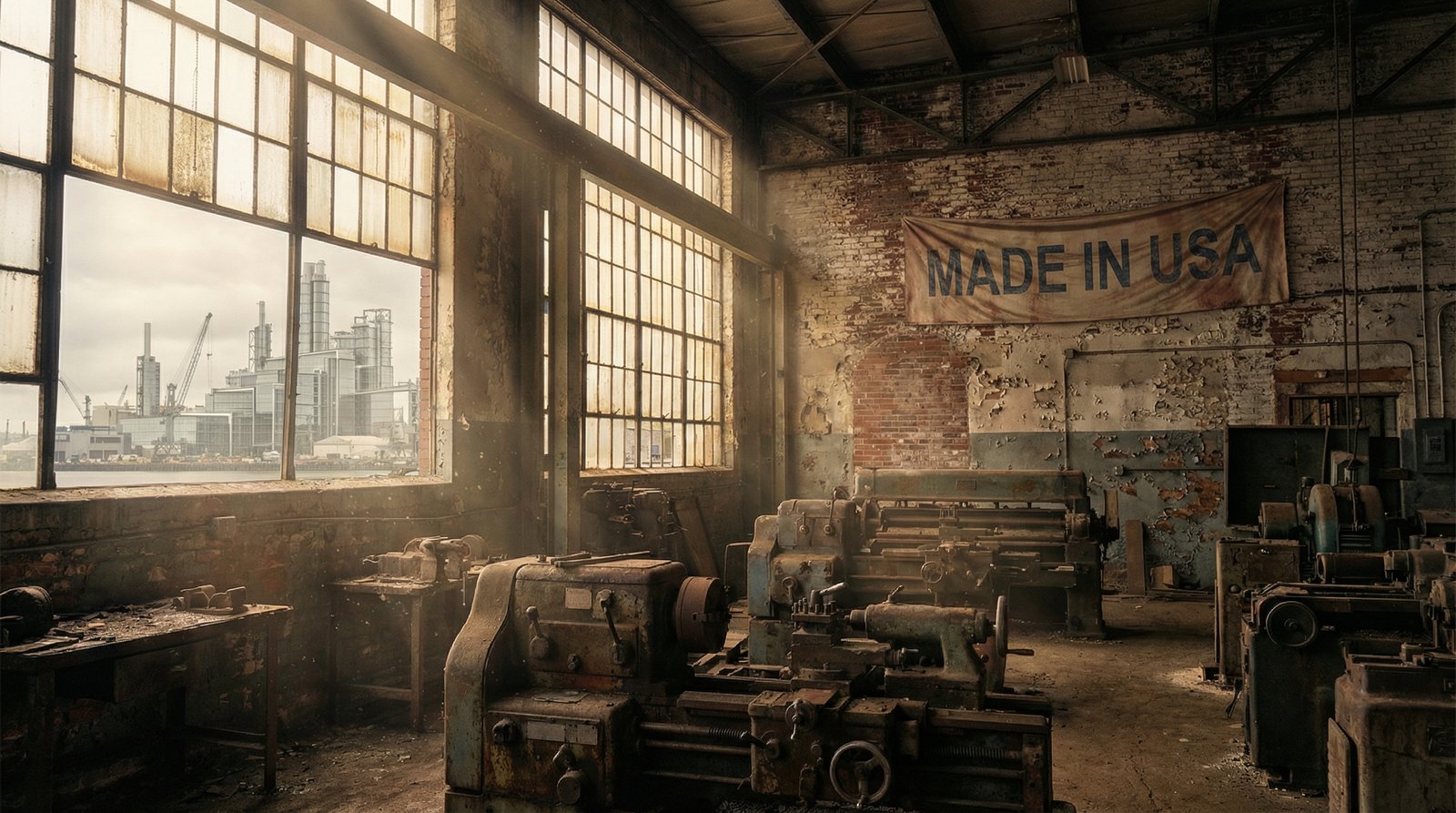 abandoned American semiconductor factory floor with empty equipment and rusted machinery