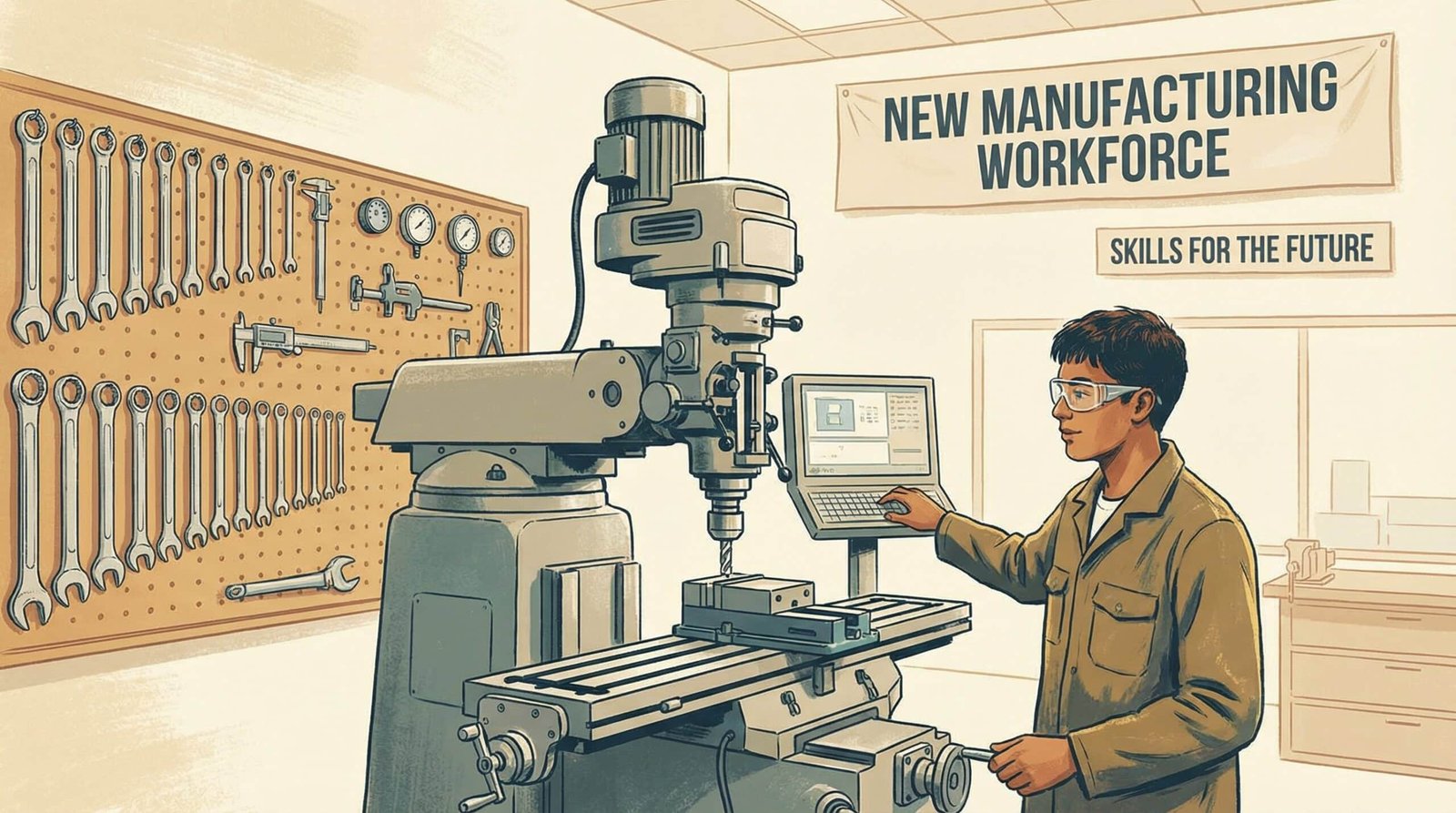 Young American machinist skilled trades worker vocational training shop manufacturing workforce