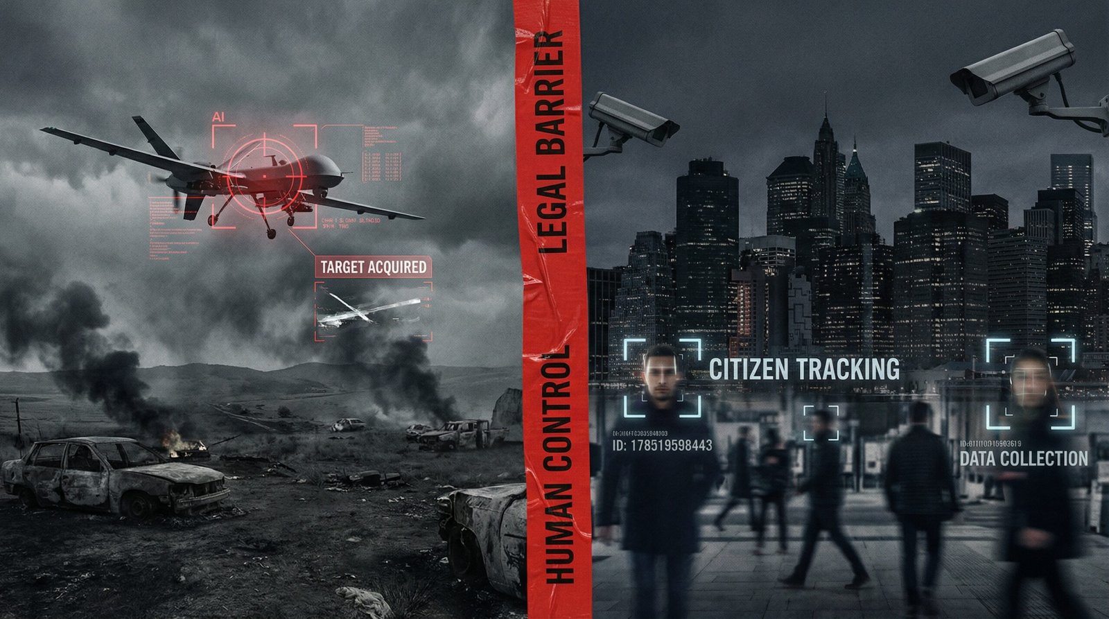 AI autonomous weapons and domestic mass surveillance split image showing civil liberties at risk