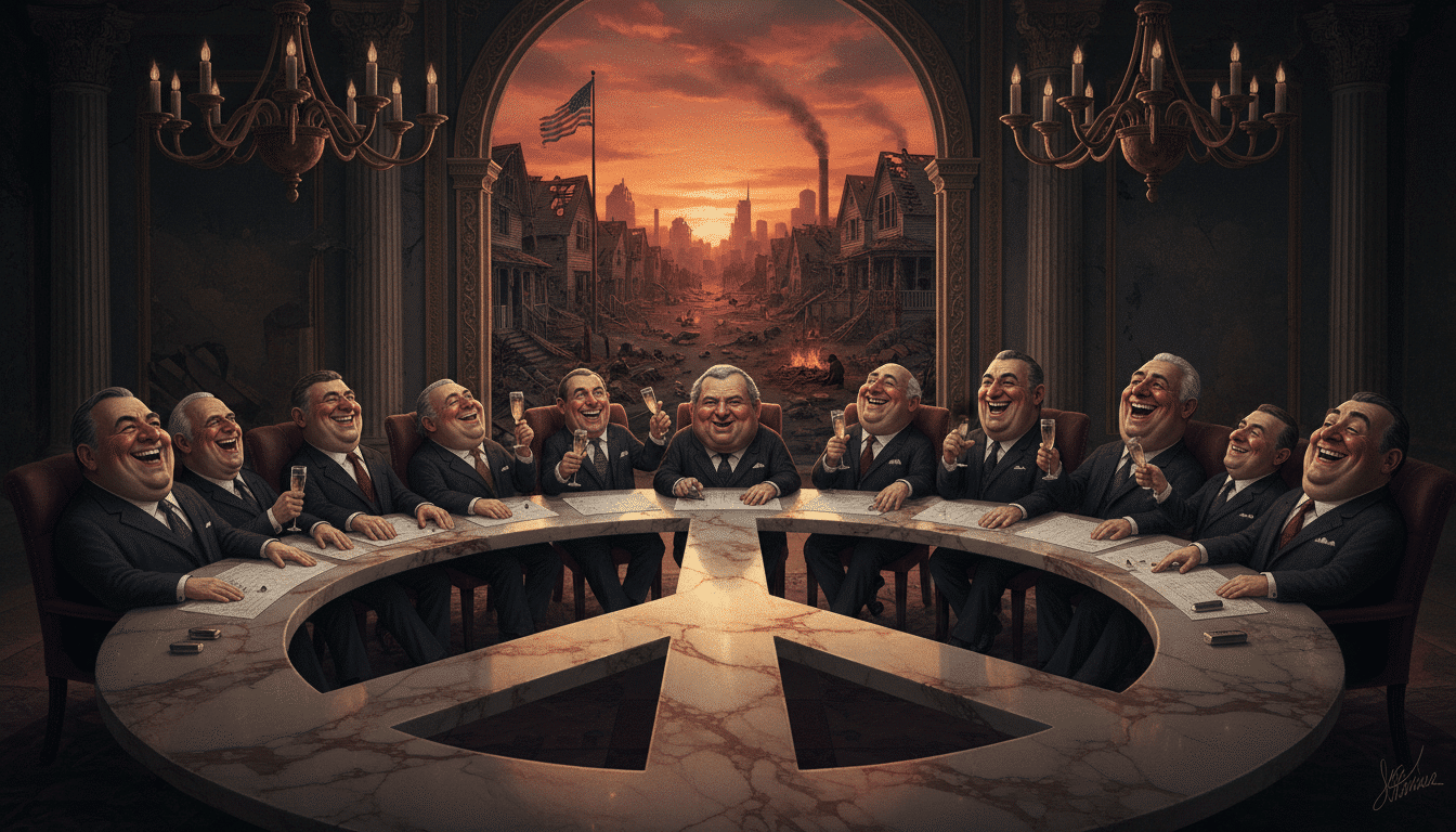 Board of Peace boardroom with crumbling America visible through windows