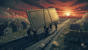 Board of Peace spending - $10 billion check floating over devastated American neighborhood