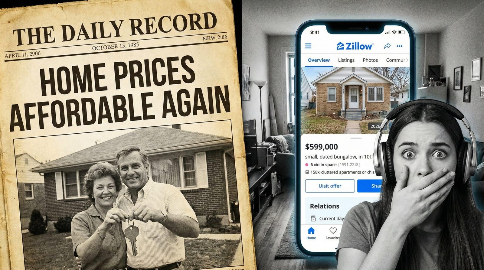 Boomer newspaper affordable homes 1985 compared to Gen Z shocked at 2026 Zillow home prices