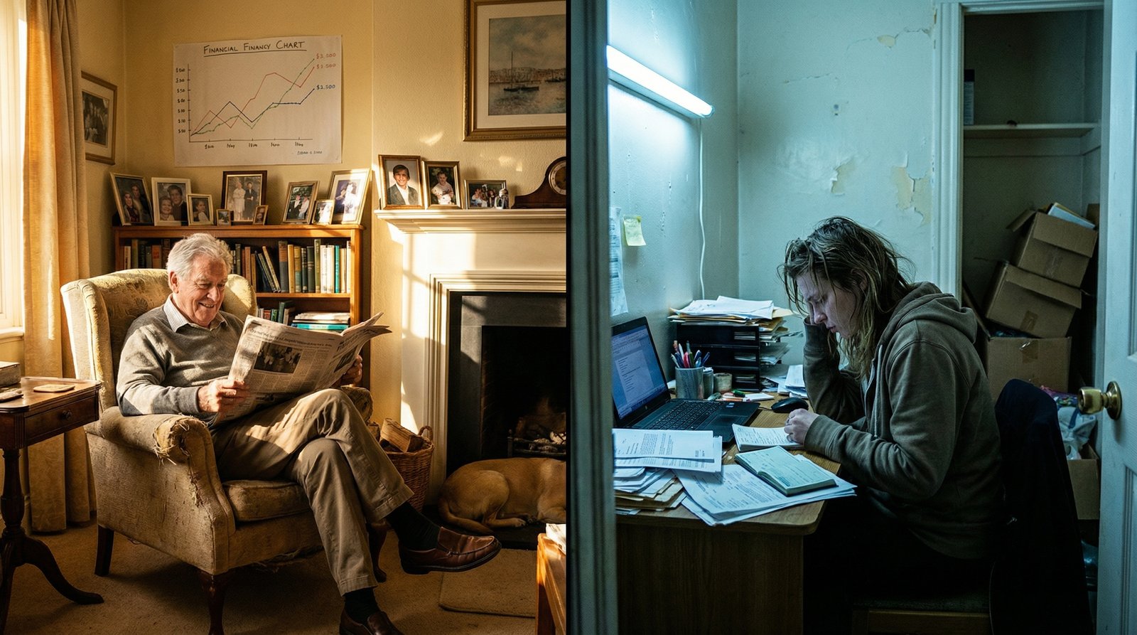 Split image showing comfortable boomer homeowner building equity while stressed millennial renter writes rent check