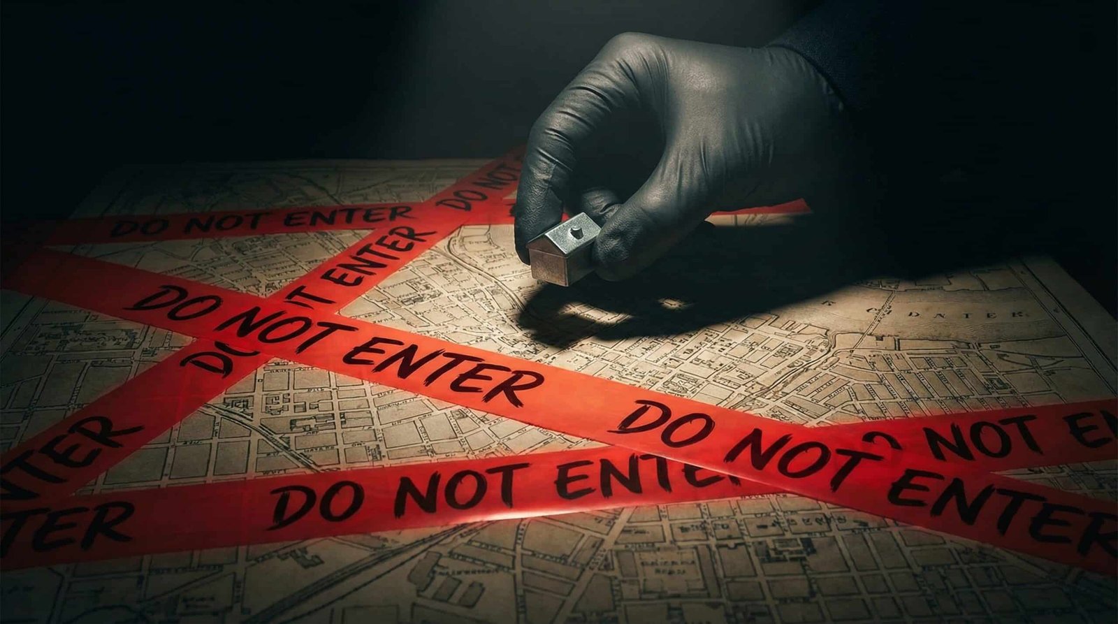 Hand holding house over city map with red tape representing Boomer wealth hoarding through zoning