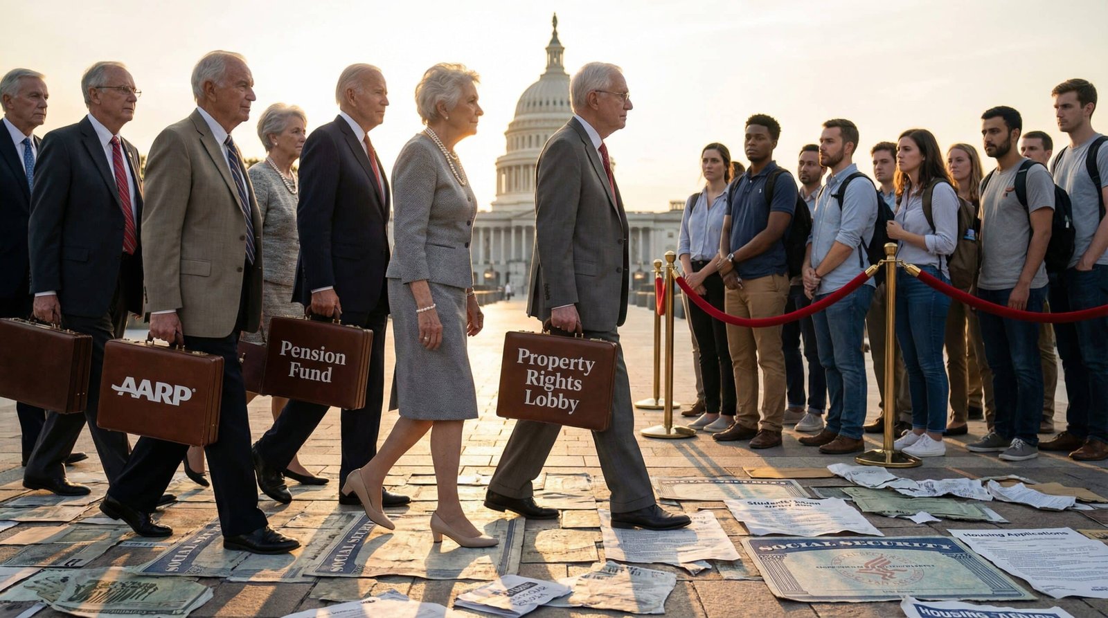 Boomer lobbyists with AARP briefcases walking into Capitol while Millennials and Gen Z are kept behind a barrier