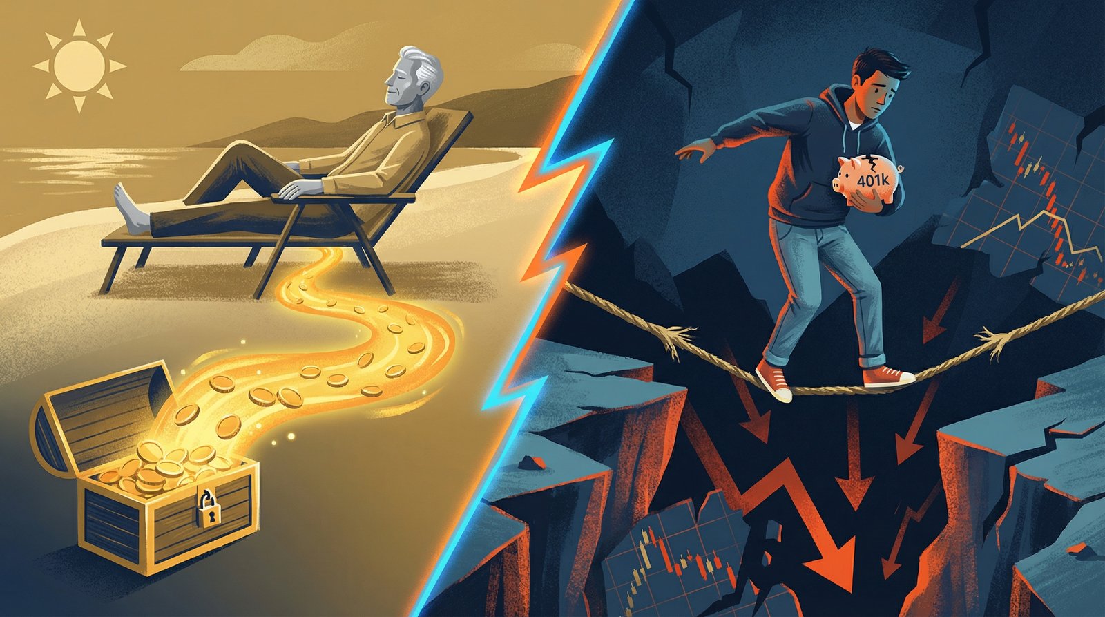 Boomer retiree with guaranteed pension income versus millennial balancing on 401k tightrope over market crash