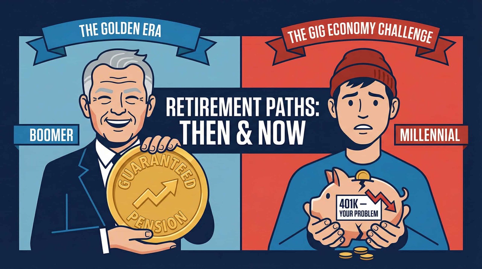 Boomer holding guaranteed pension versus millennial with small 401k piggy bank illustration