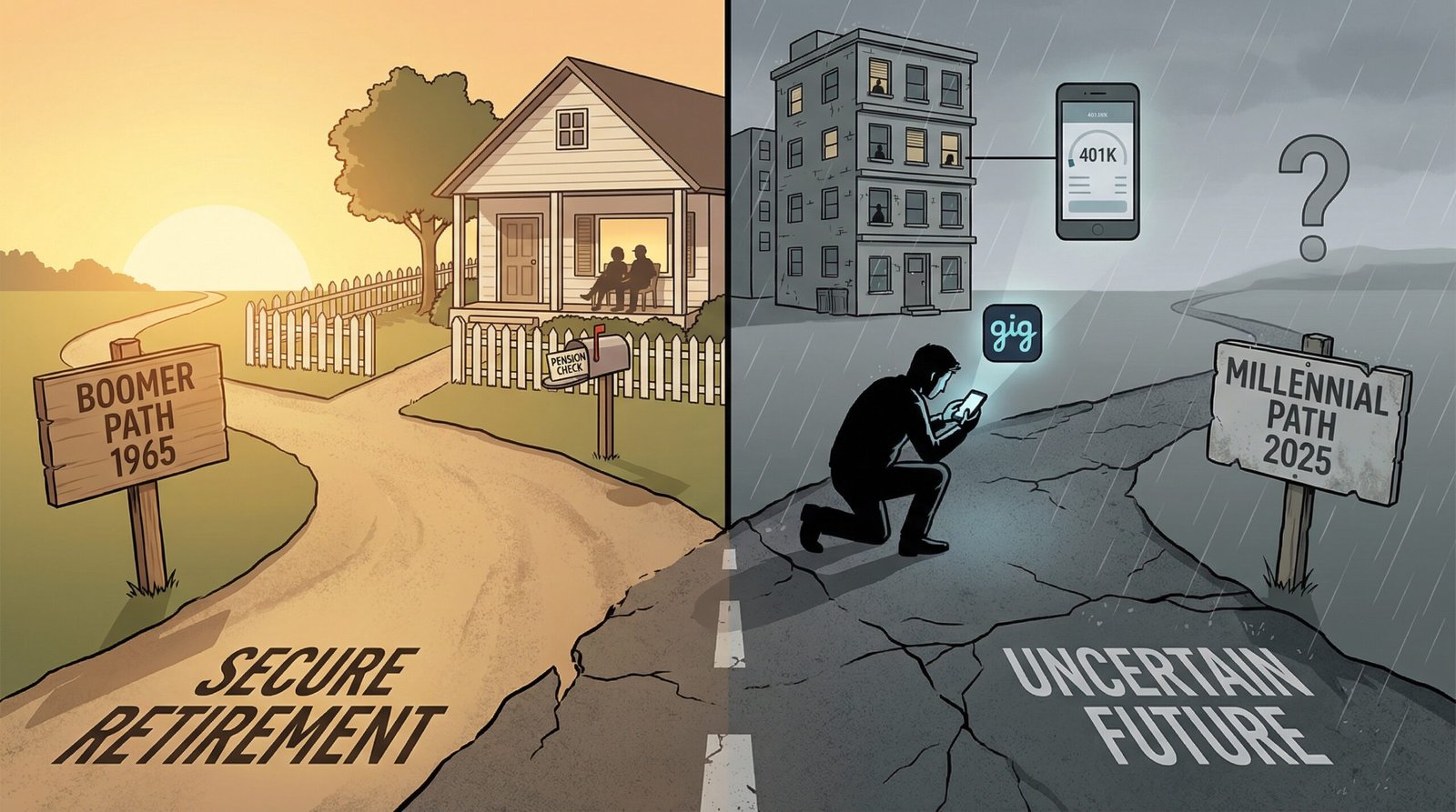 Two diverging paths showing Boomer retirement security vs millennial gig economy uncertainty