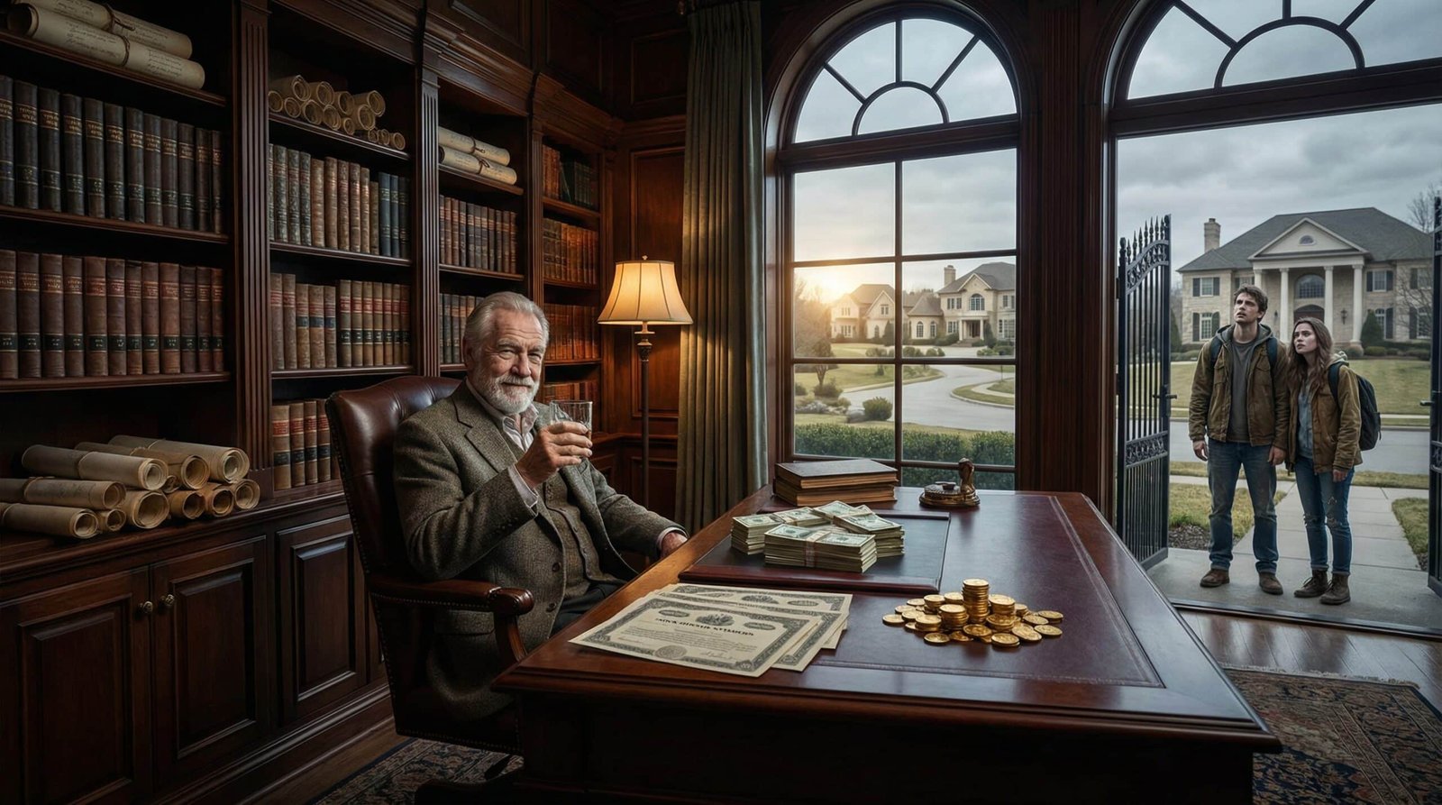 Wealthy Baby Boomer in estate library with cash and property while young Millennial couple struggles outside