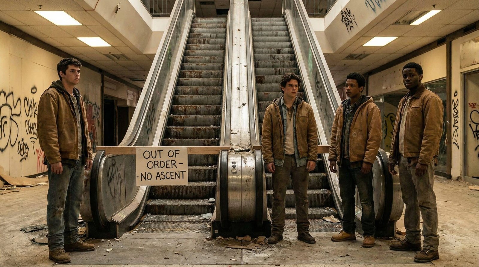 Broken escalator in rundown mall representing stalled economic mobility for working-class men without degrees