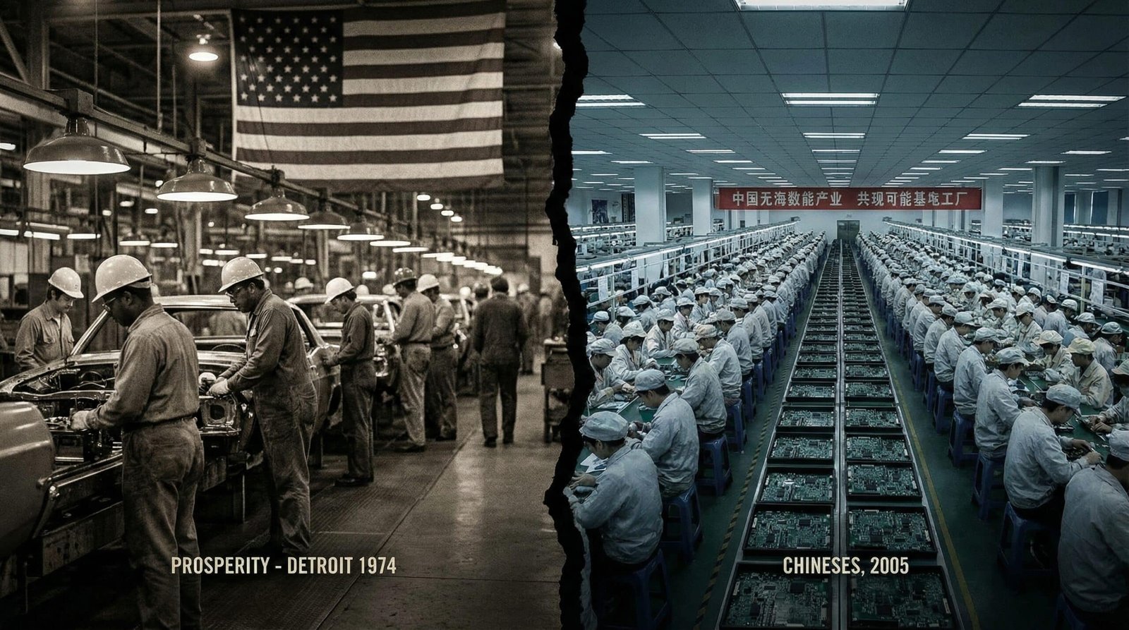 Split scene comparing American factory floor 1970s versus Chinese factory floor 2005