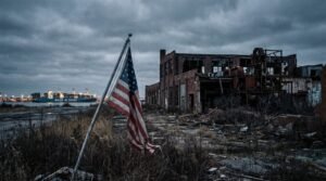 Abandoned American factory with rust and broken windows, China trade manufacturing jobs lost