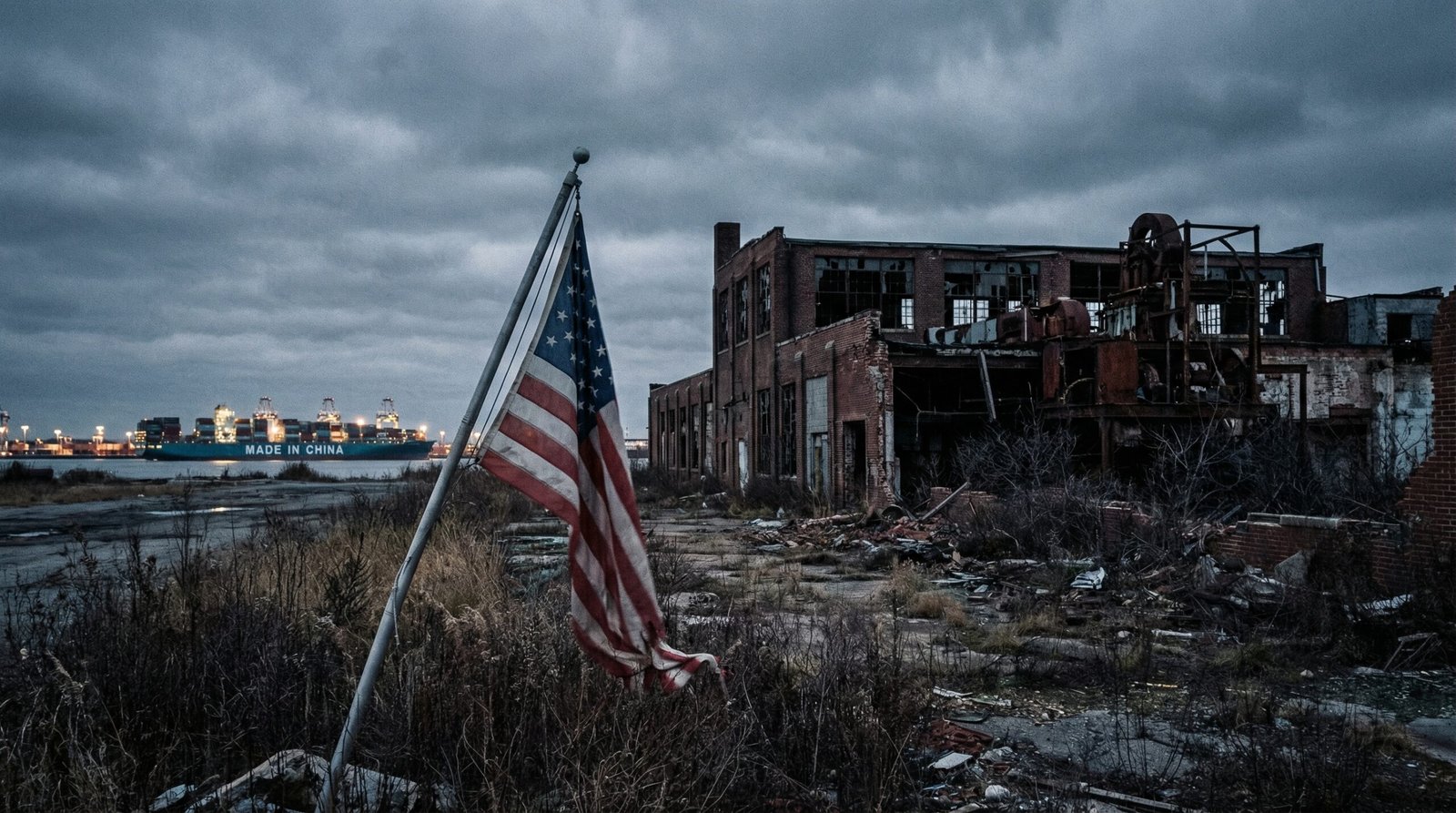 Abandoned American factory with rust and broken windows, China trade manufacturing jobs lost