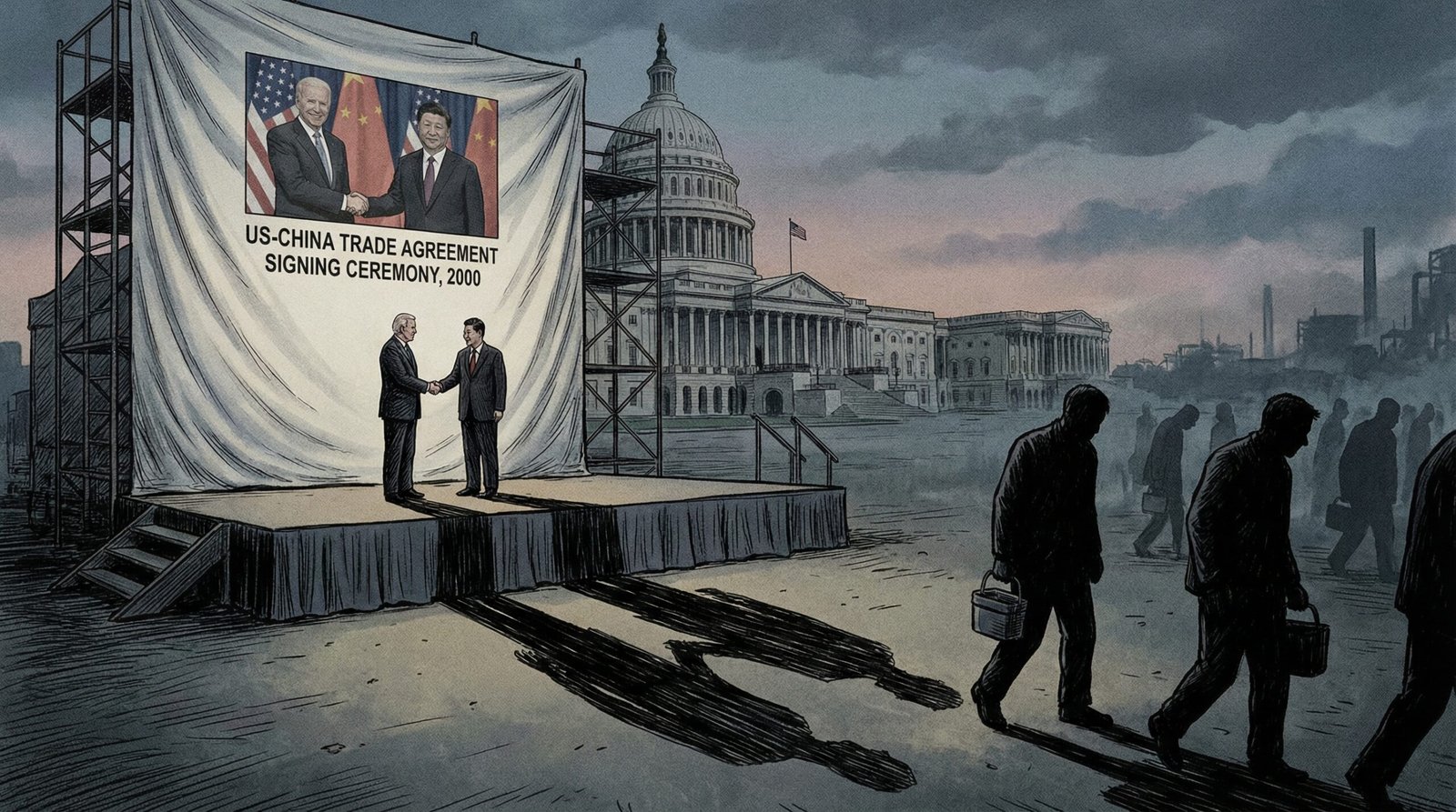 US Capitol politicians signing China trade agreement as factory workers fade into shadows