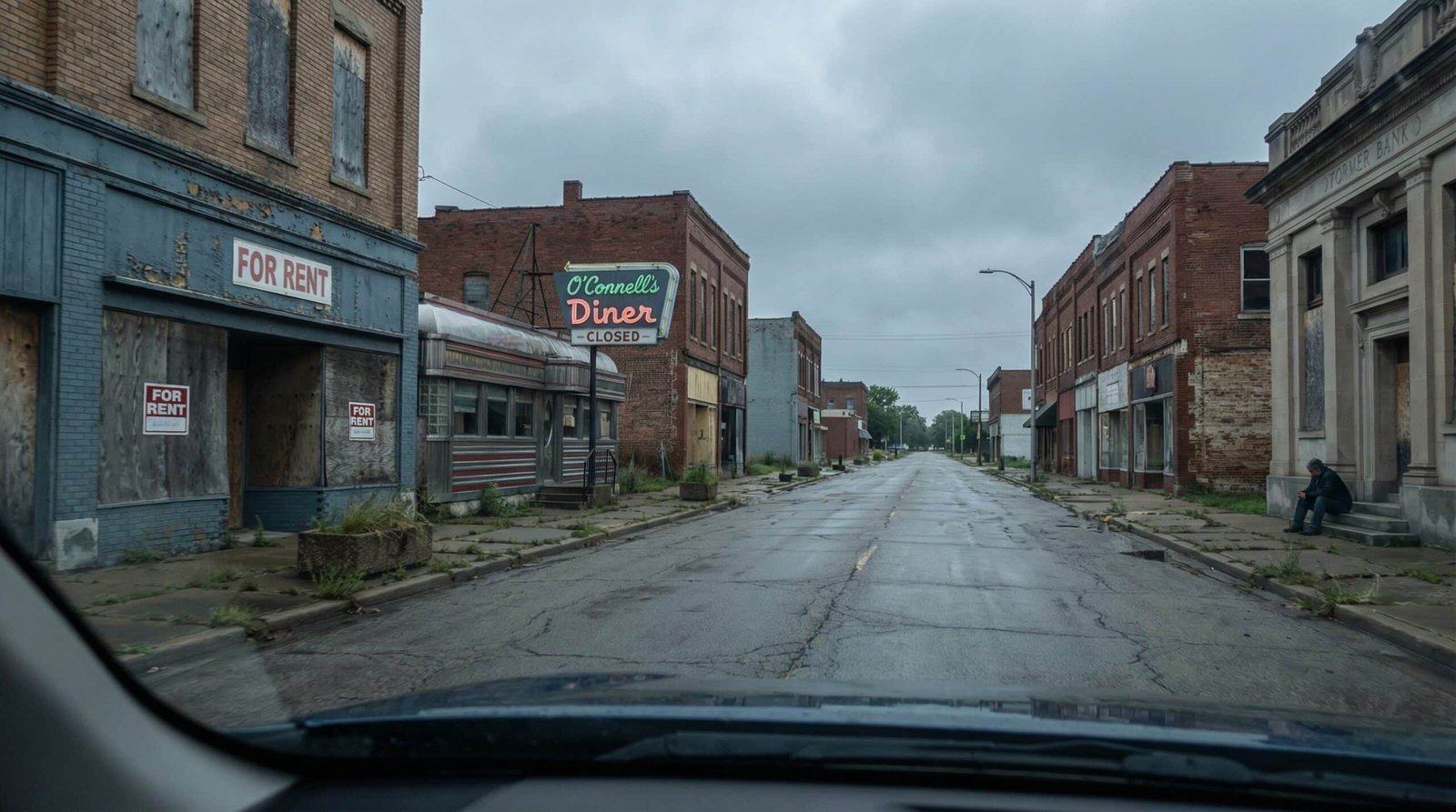 Desolate Rust Belt town main street with boarded up storefronts after China trade deindustrialization