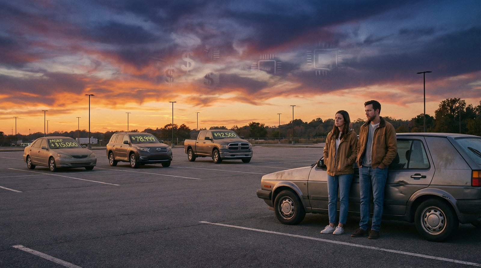 empty car dealership lot with frustrated millennial couple facing inflated car prices due to semiconductor shortage