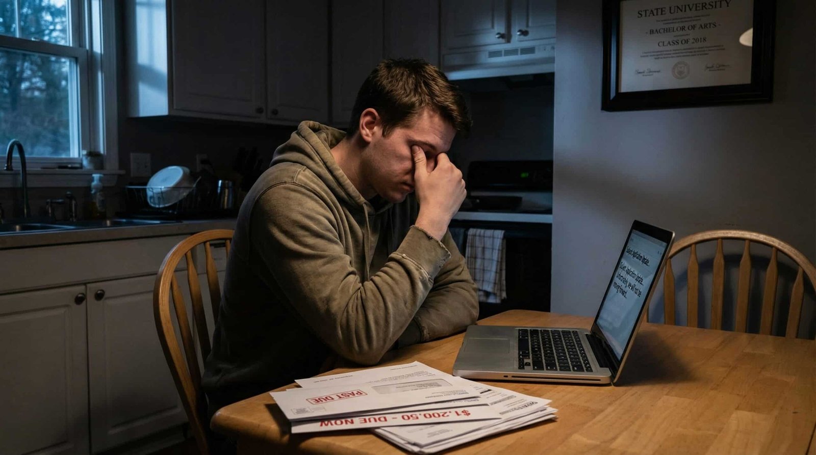 young man with student debt and college diploma on wall showing broken promise of higher education for men