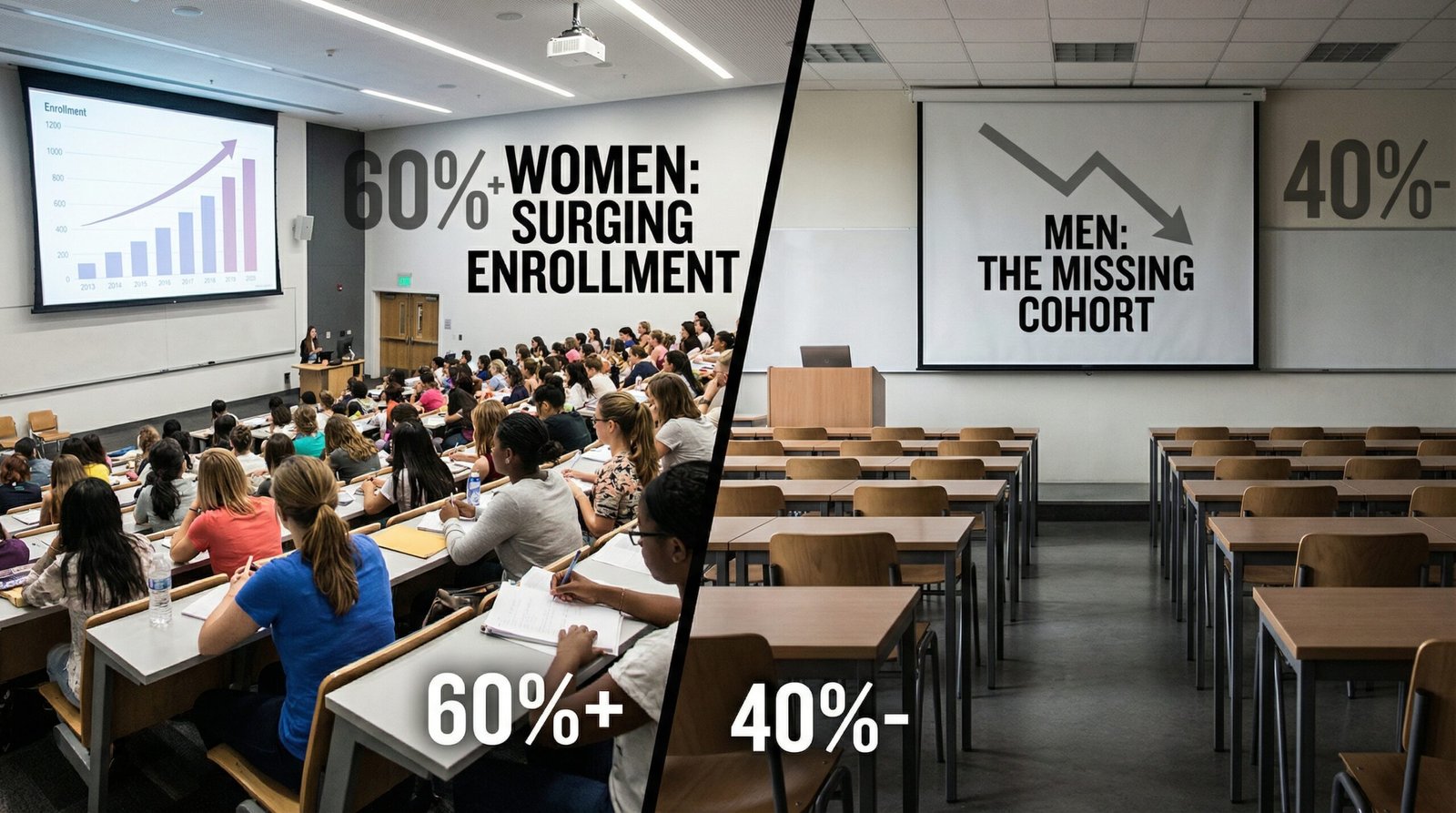 Gender gap in college enrollment showing women outnumbering men in American universities