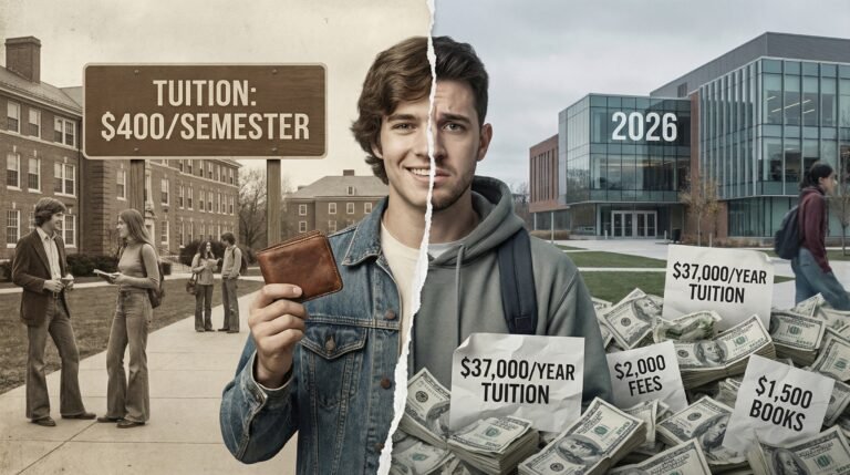 College tuition cost comparison boomers 400 dollars vs millennials 37000 dollars per year