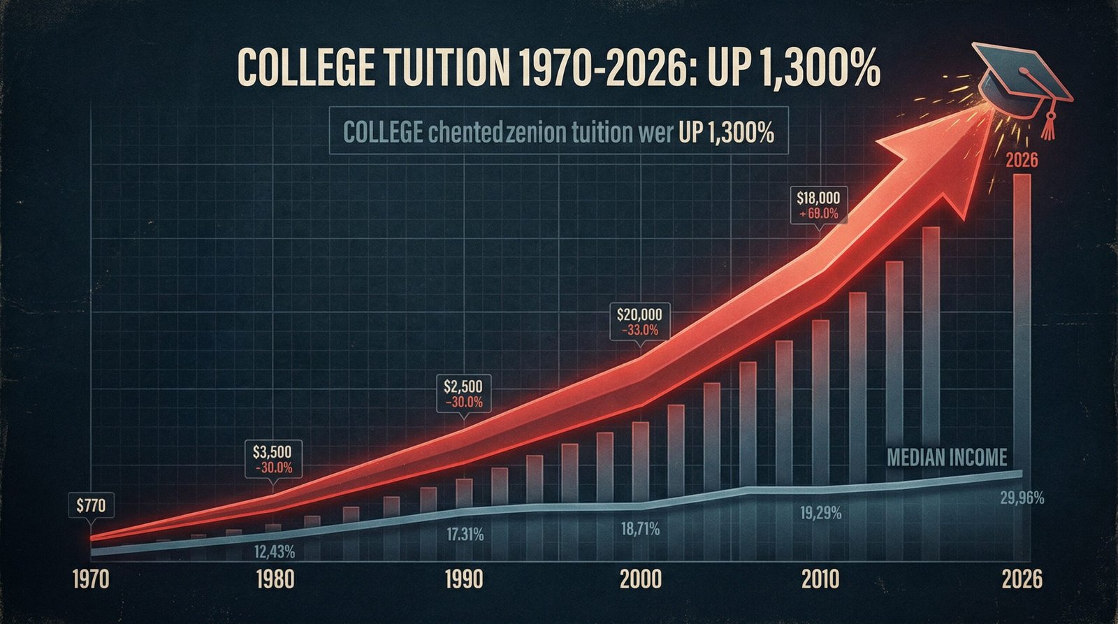 College tuition inflation chart 1970 to 2026 showing 1300 percent increase versus flat wages