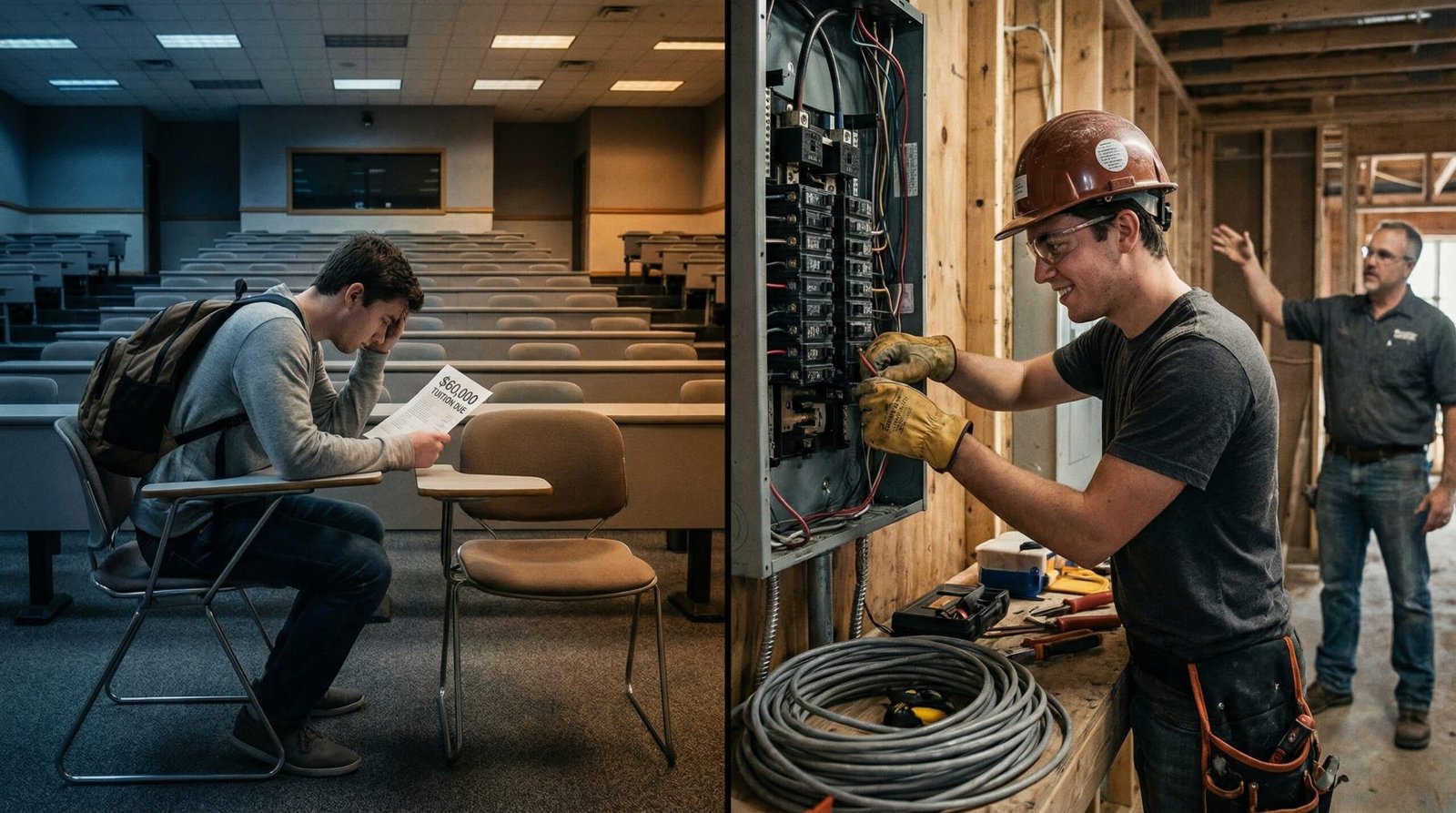 college versus trade apprenticeship return on investment for working class men showing split career paths