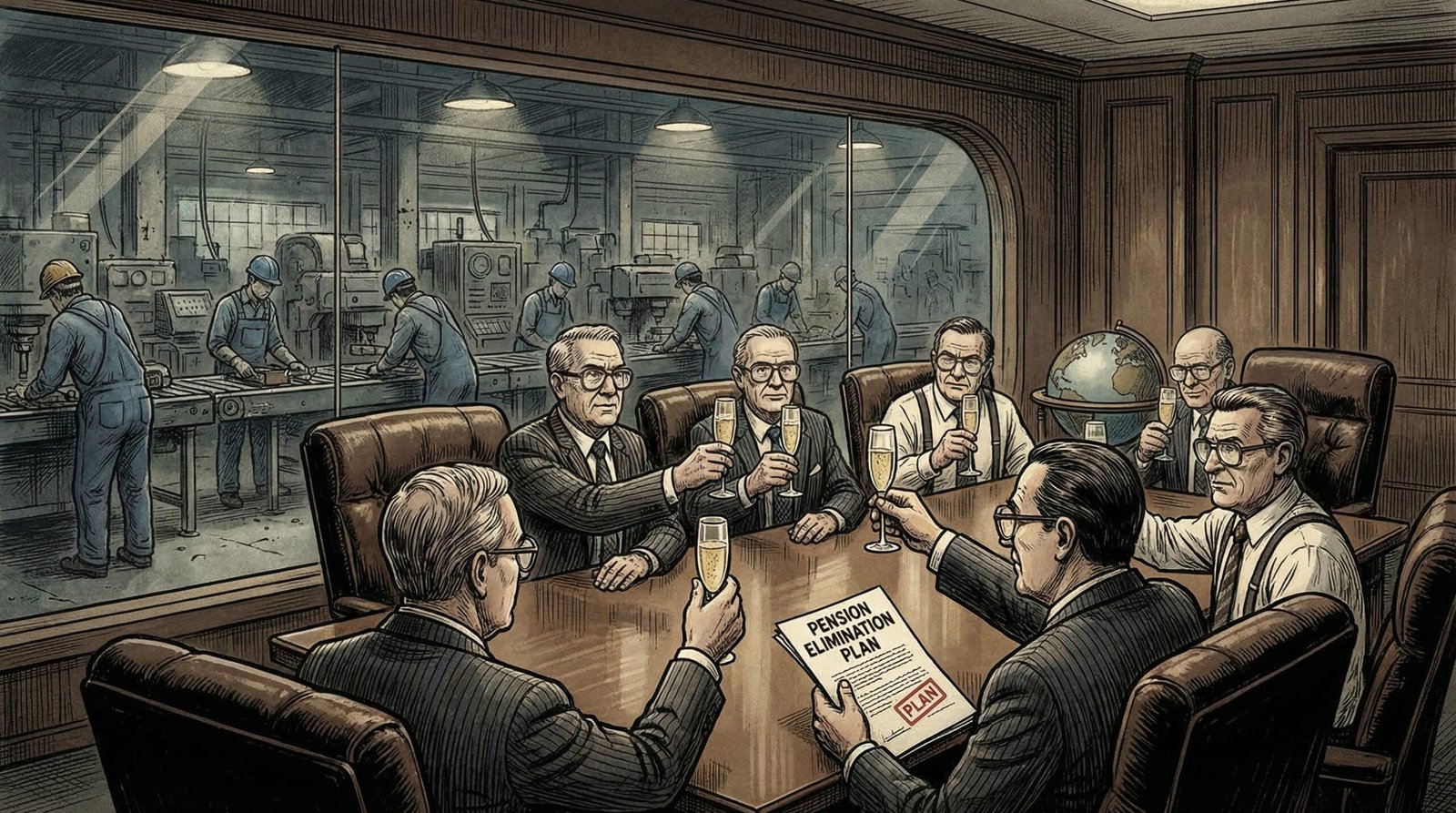 Corporate executives celebrating pension elimination while workers unaware 1980s