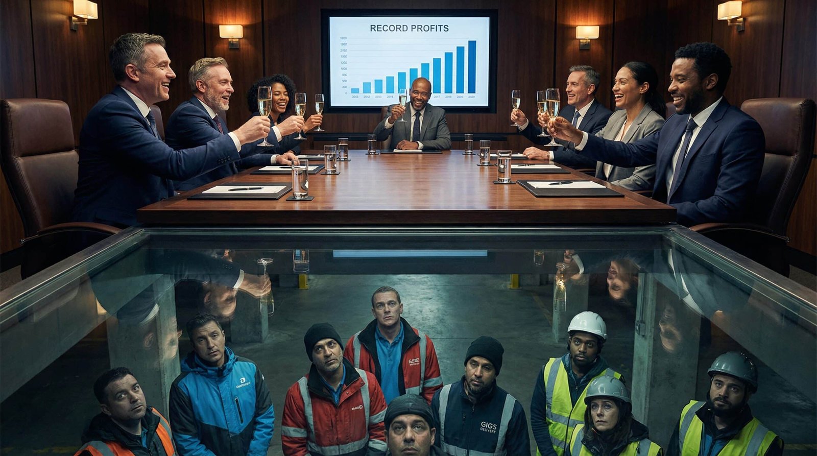 Corporate executives celebrating profits above gig workers who earned poverty wages below