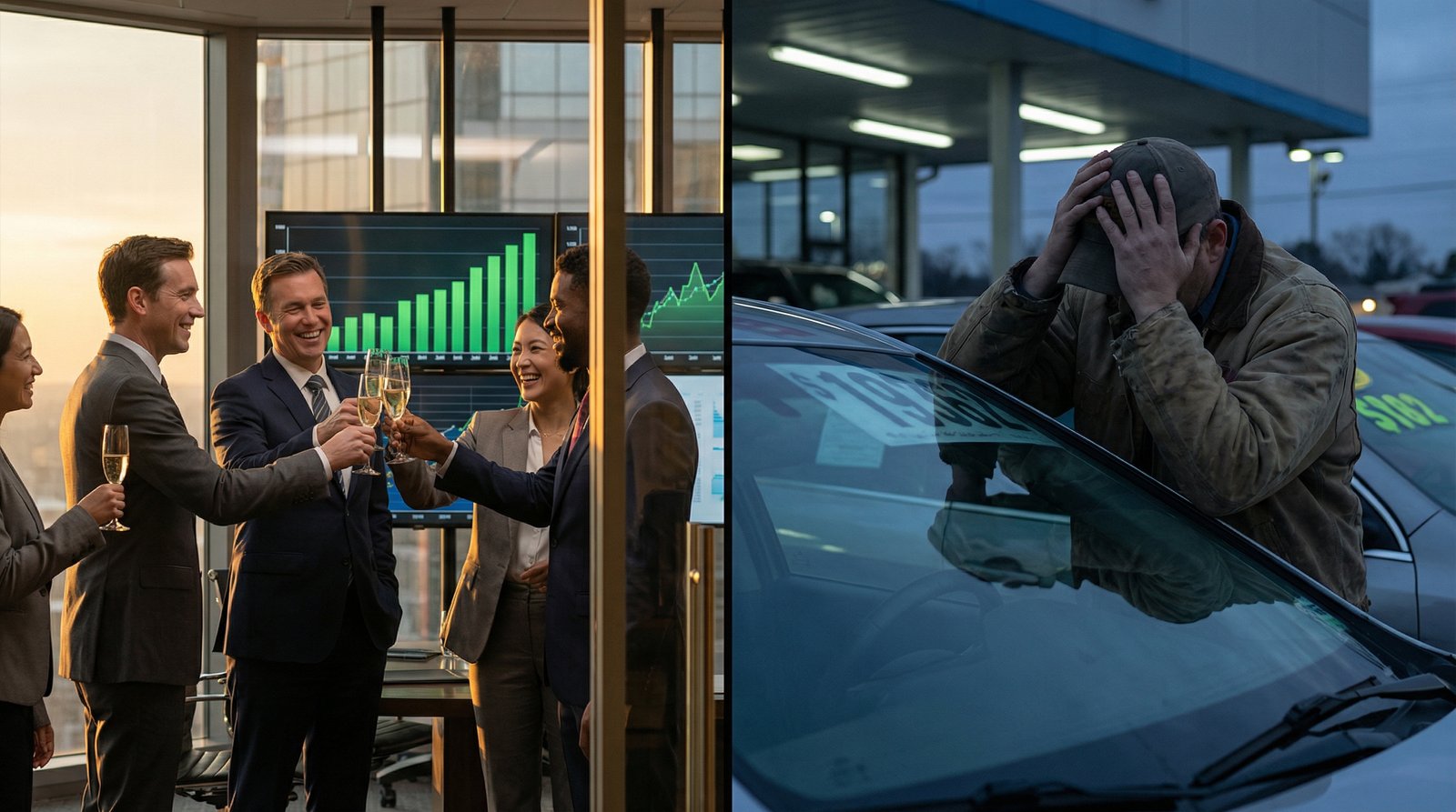 corporate executives celebrating stock gains while American worker faces unaffordable car prices from chip shortage