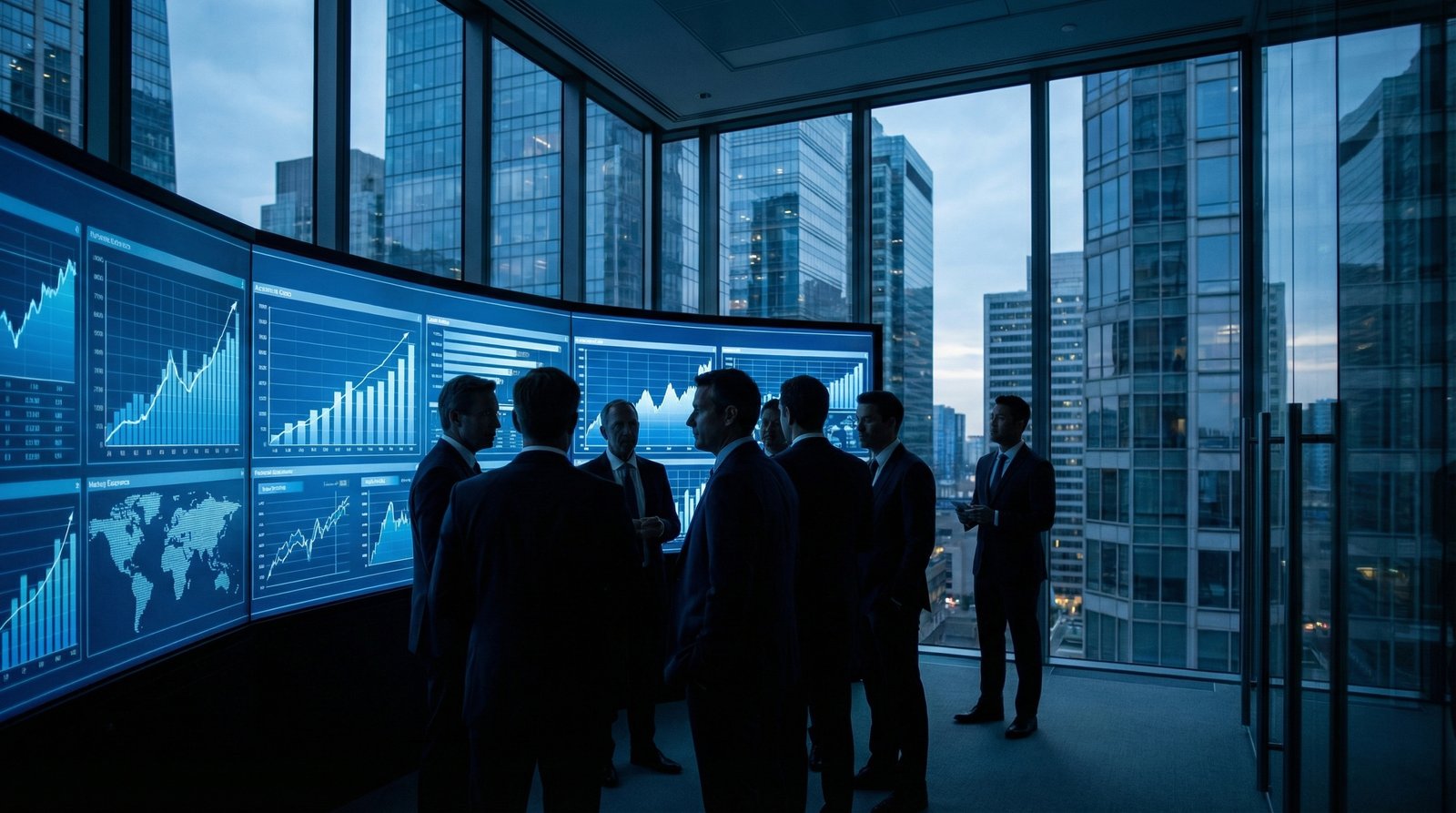 Corporate executives reviewing climbing rent graphs and large institutional rental property portfolios