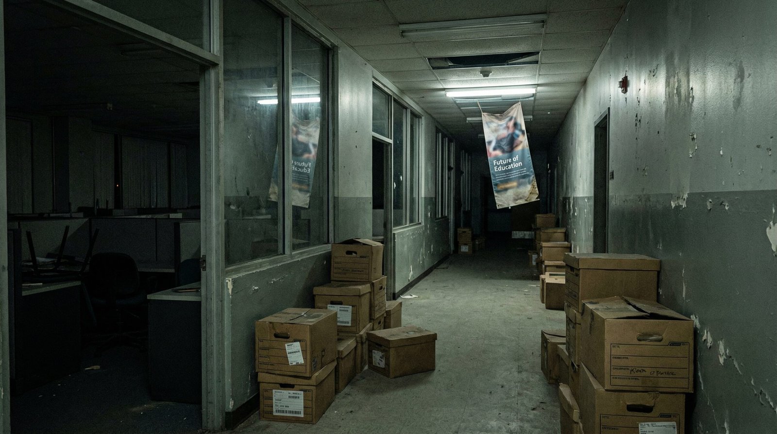 Empty Department of Education hallway with packing boxes after DOGE staffing cuts in 2026