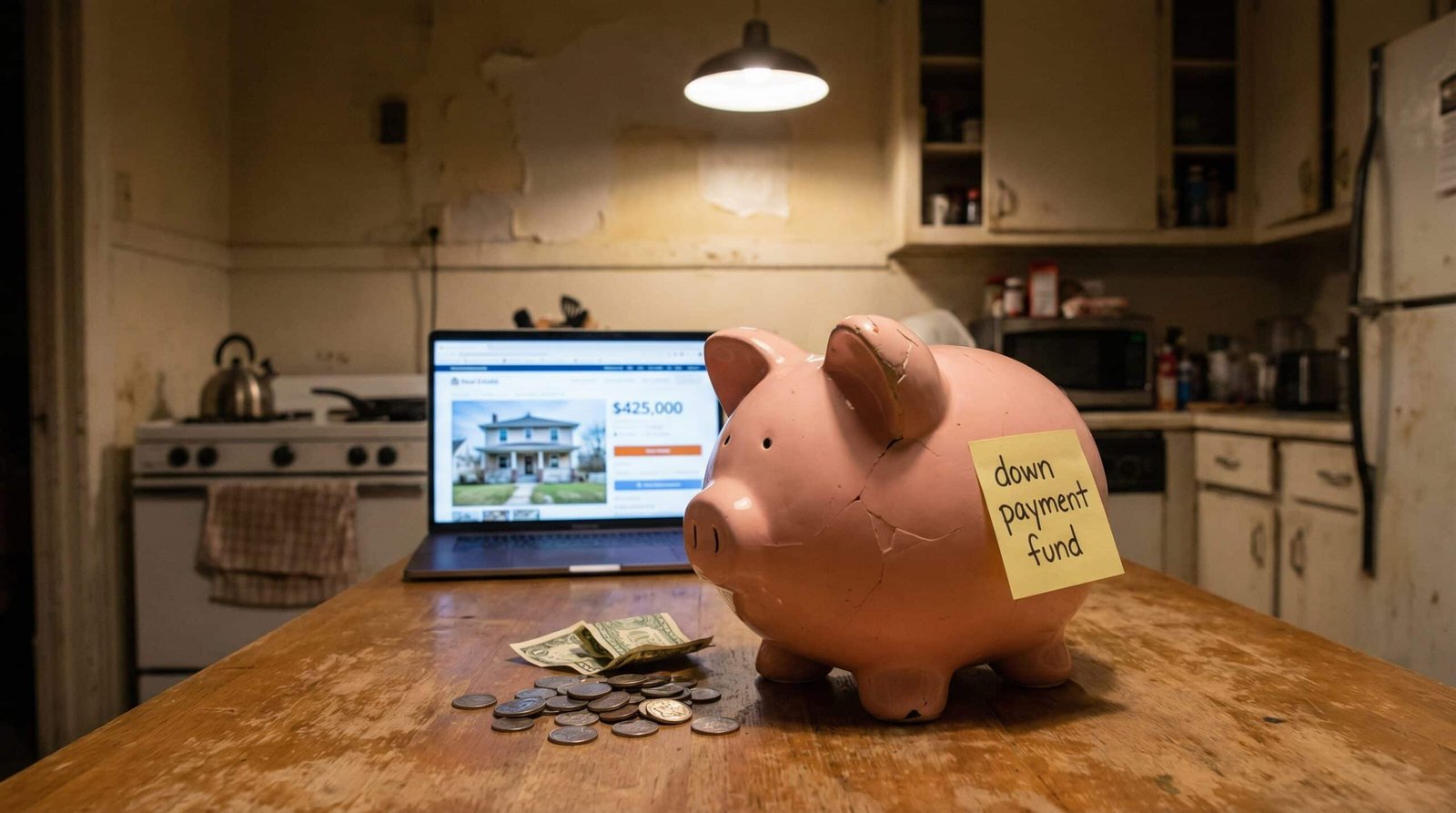 Nearly empty piggy bank with down payment savings next to laptop showing $425000 home listing