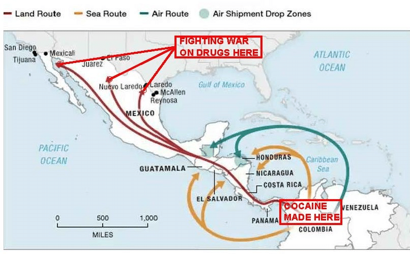 Drug trafficking routes from South America through Mexico to US border including CJNG corridors